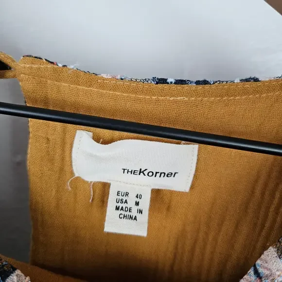 The Korner Lace Floral Puff Sleeve Mini Dress Sz M Mustard Navy Shift Tunic Top - Picture 6 of 9